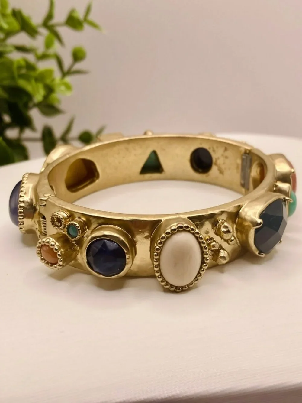Chico's Geometric Gold-Tone Multicolor Gemstone Hinged Bangle Bracelet -39B
